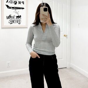 A.L.C. Elsa Metallic Ribbed Knit Long Sleeve Top in Mercury Silver